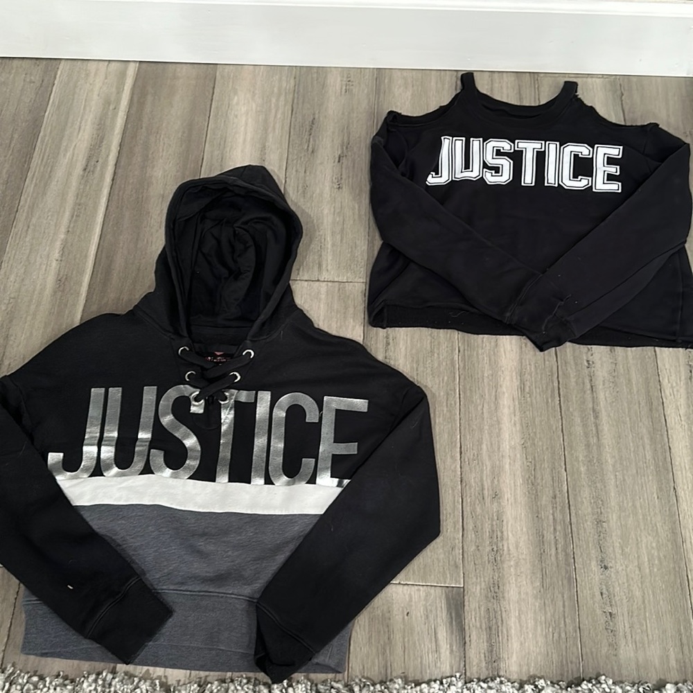 Justice Hoodie and cold shoulder sweat shirt